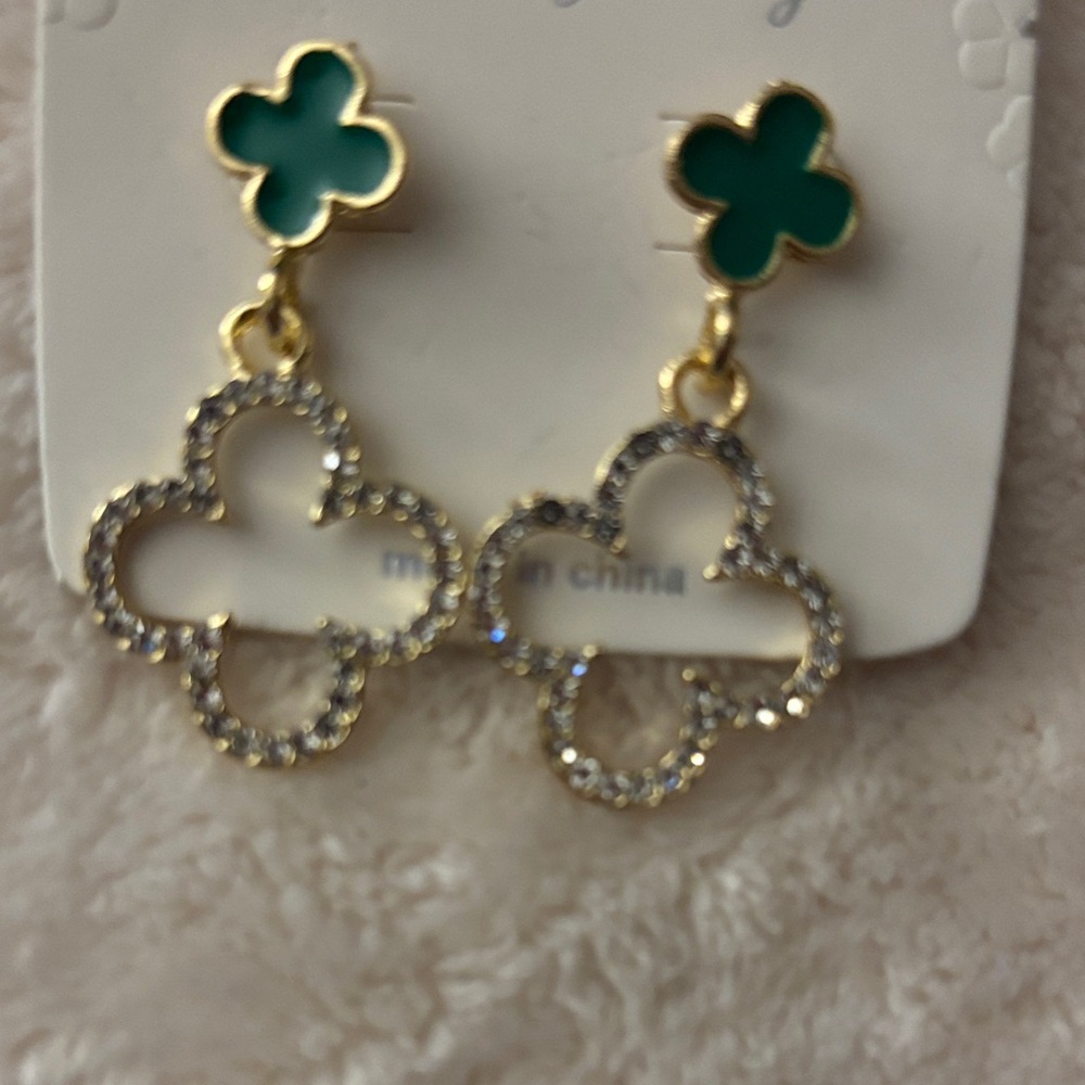 Green Clover Drop Earrings with Gold and Crystal Accents